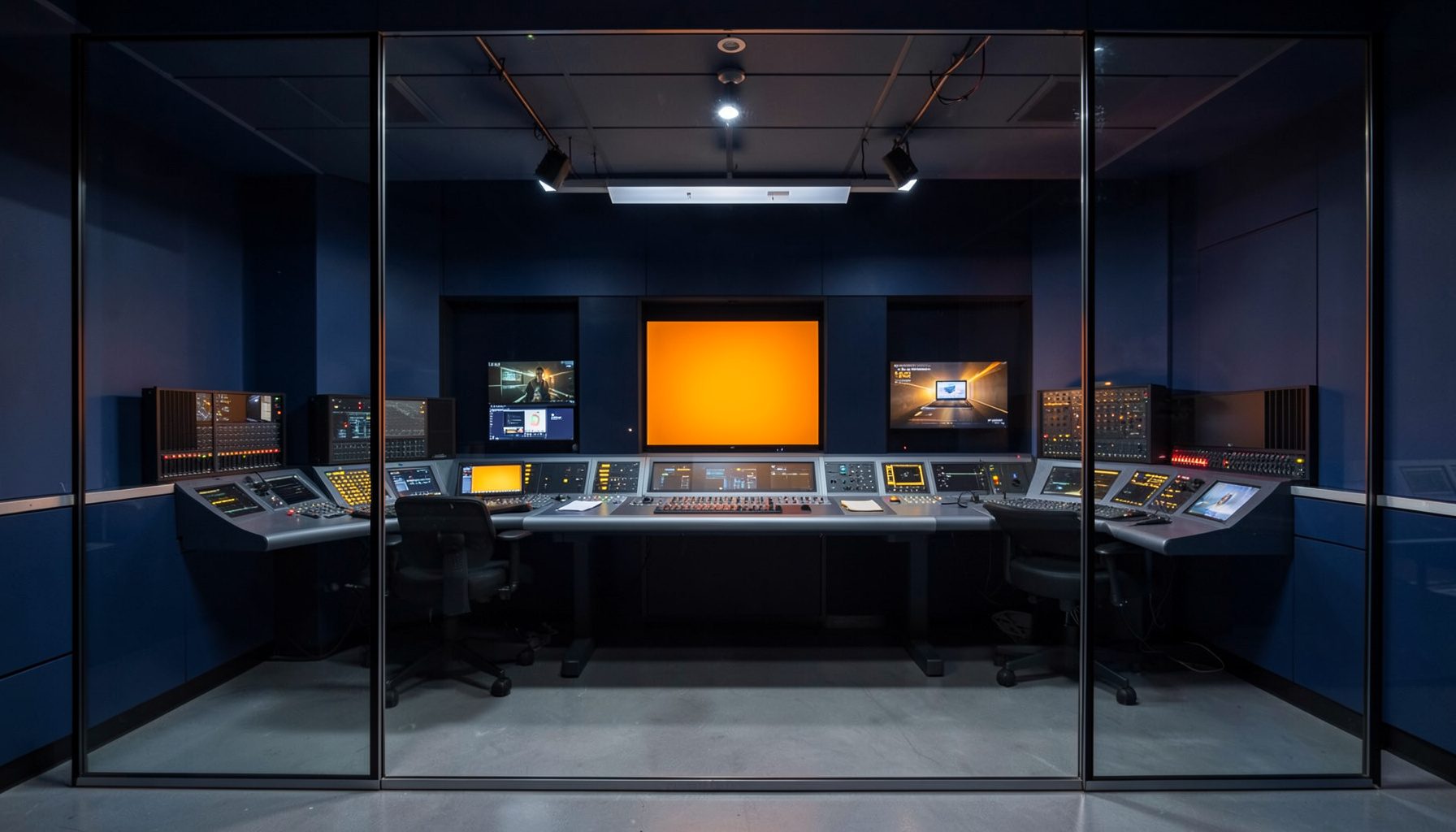 A clean architectural photograph with strong symmetry: a modern television broadcast studio control room seen through glass, dominated by deep navy blues, muted grays, and warm amber monitor glows, conveying professional focus and calm intensity.