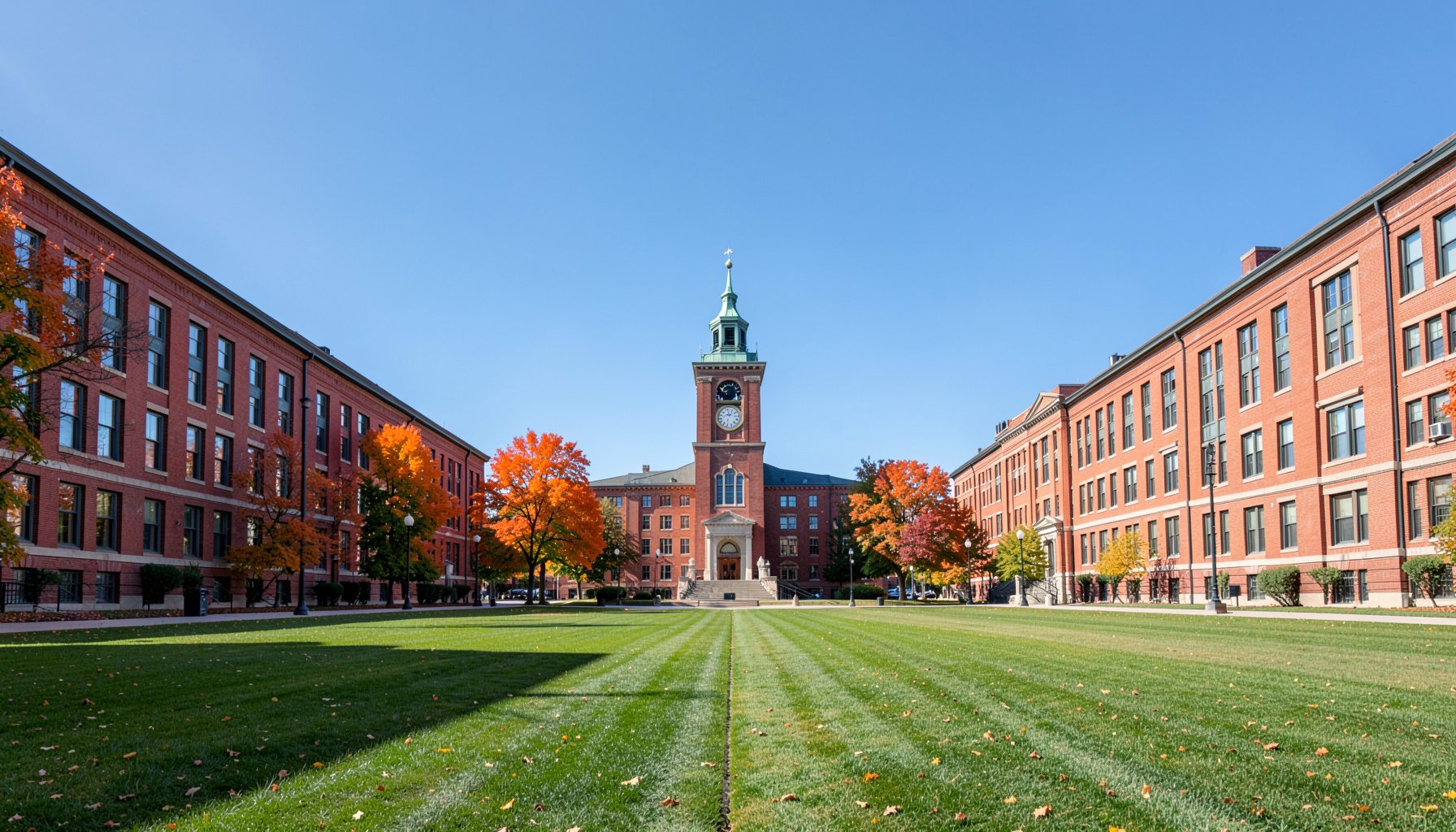 A symmetrical wide-angle view of a college campus quadrangle on a crisp autumn day, with red-brick academic buildings lining both sides and a broad lawn stretching toward a central clock tower under a clear blue sky.