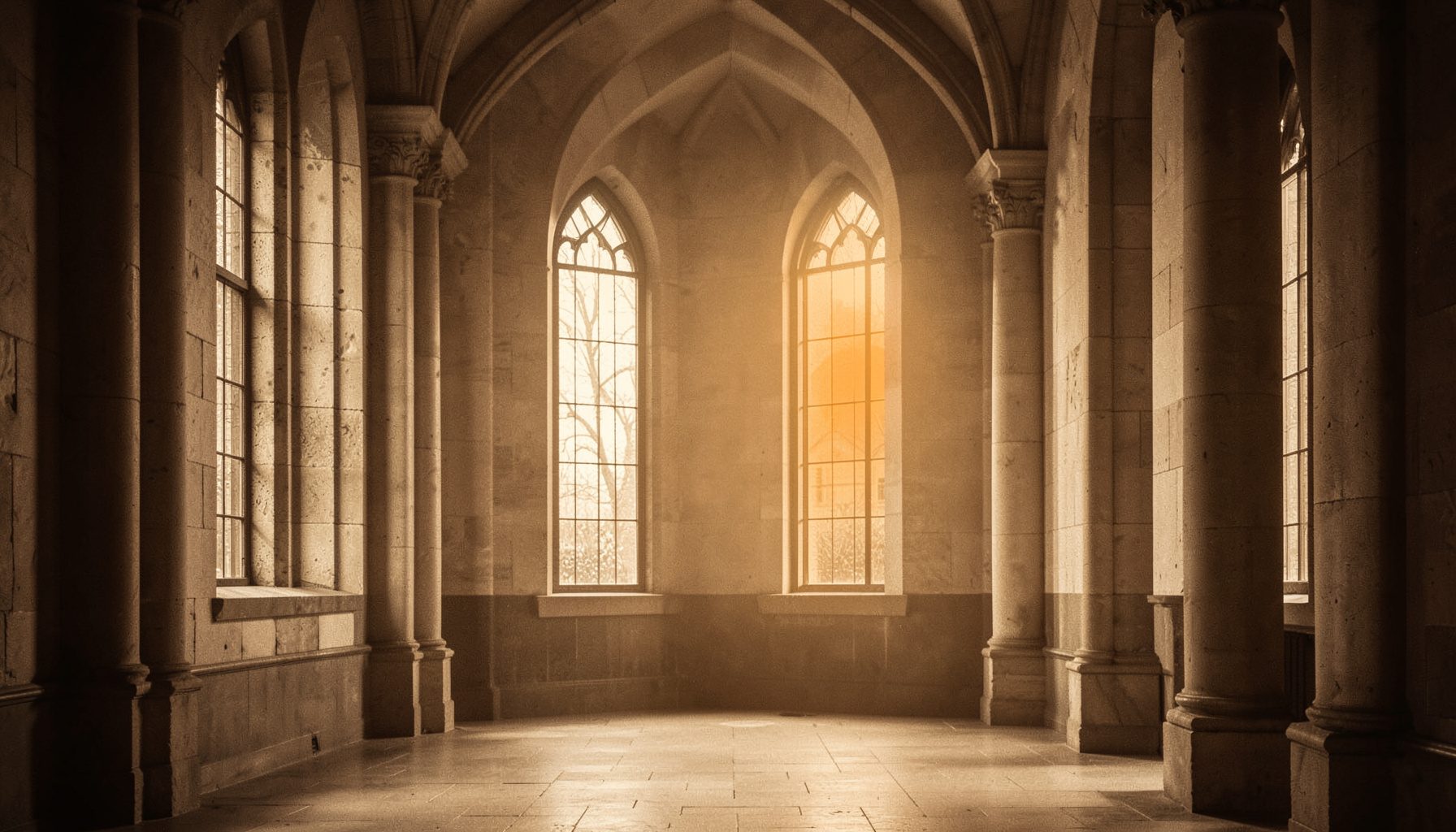 A softly lit interior with tall arched windows and stone columns, sepia-toned and atmospheric, creating a quiet scholarly mood.