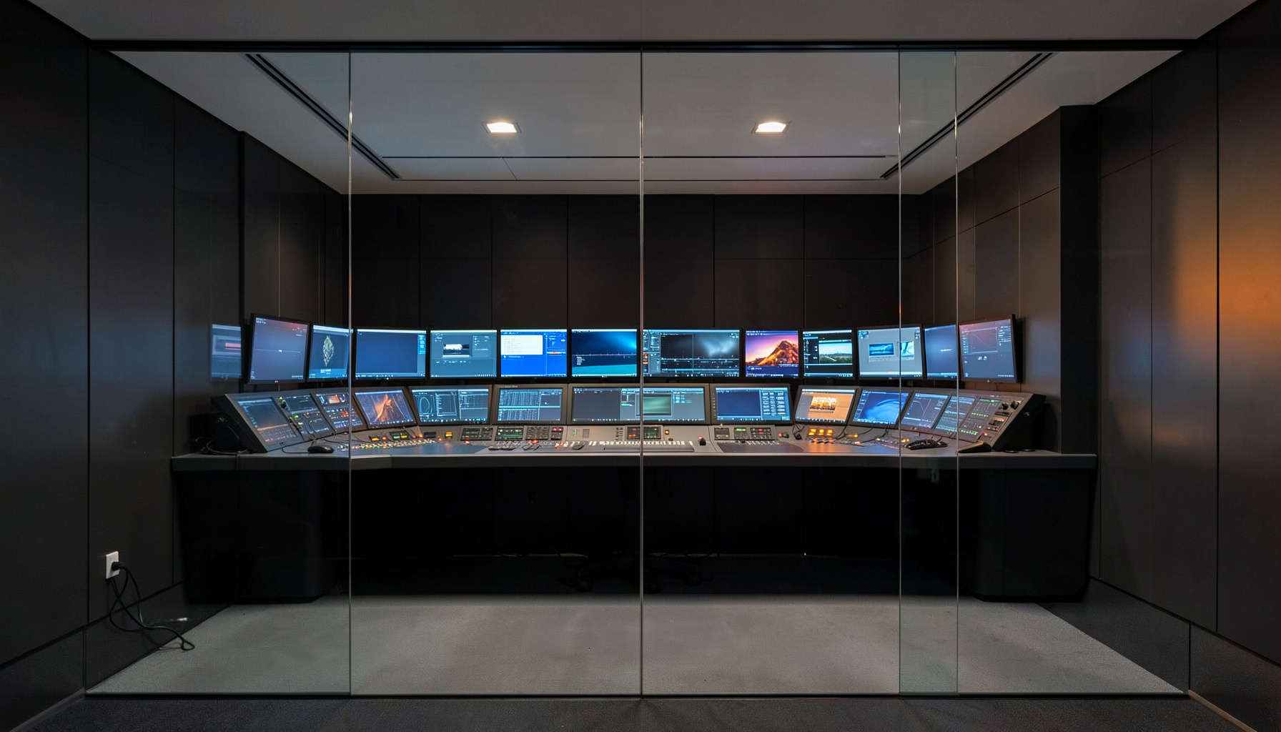 A clean architectural photograph with strong symmetry: a modern broadcast studio control room seen from behind the glass, with rows of monitors glowing in muted blue and amber tones against dark paneling, conveying quiet professionalism.